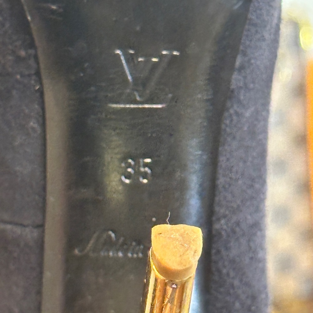 Louis Vuitton Black and Gold Peep-Toe Heels - Picture 7 of 16